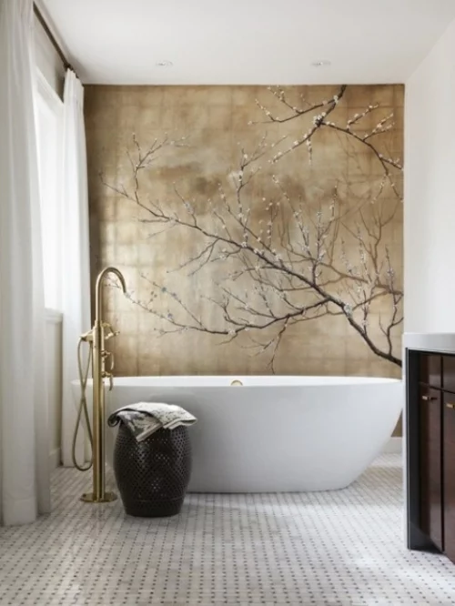 badezimmer design möbel weiblich badewanne beige wandtapete