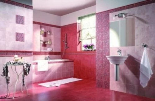 badezimmer design möbel weiblich badewanne rosa fliesenspiegel