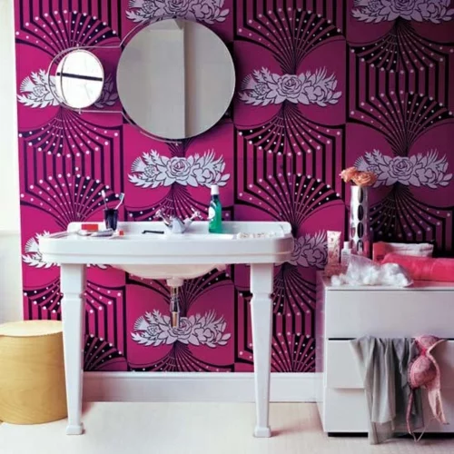 badezimmer design möbel weiblich wandtapete lila muster