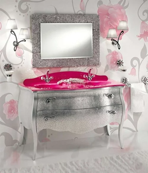 badezimmer design möbel weiblich waschbecken schrank silbern pink