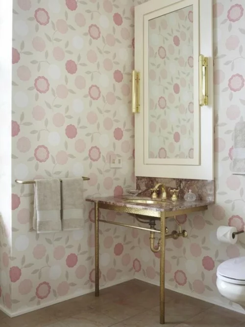badezimmer möbel weiblich waschbecken wandtapete rosa gold spiegel