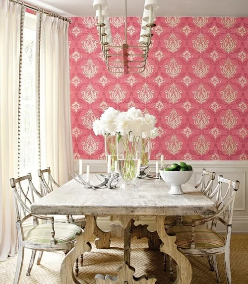 elegante esszimmer design ideen feminin rosa wand tapeten holz