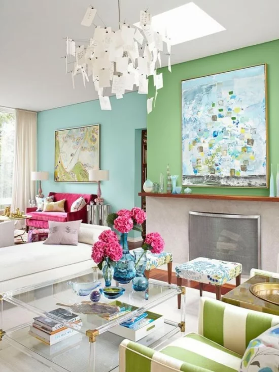 interior design ideen weiblich wohnzimmer pastelfarben blau grün pink
