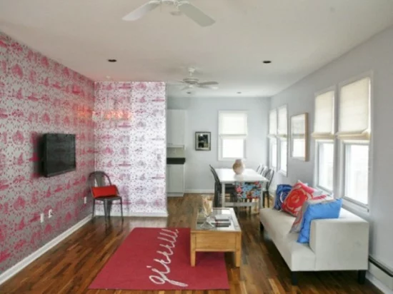 interior design ideen weiblich wohnzimmer pastelfarben wandtapete