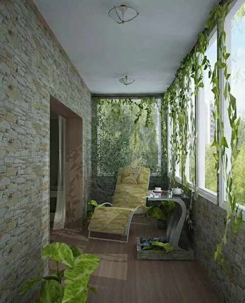kleinen balkon gestalten stilvolle bank liege steinwand pflanze