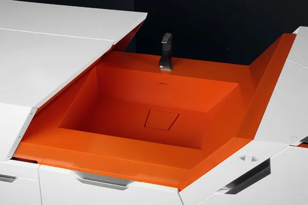 modulares haus interior ultra moderne spüle in weiß und dunkle orange