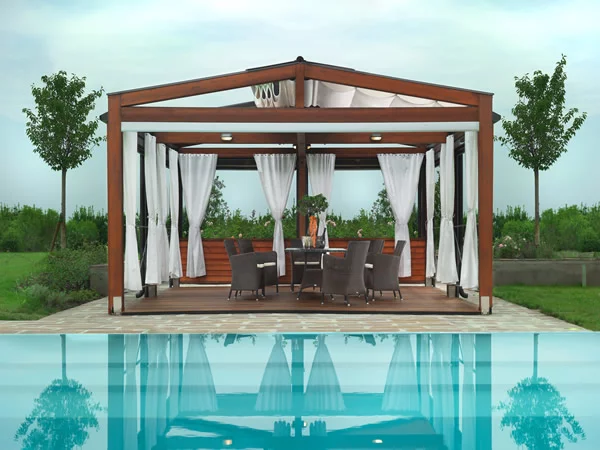 Elegantes Pergola Design Gestaltung gardinen pool umgebung