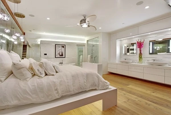 moderne luxusvilla offener grundriss schlafzimmer und bad