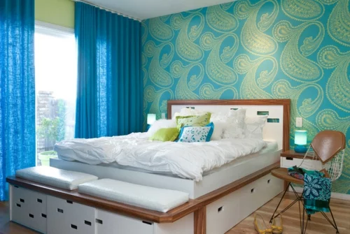 Heimtextilien und Texturen richtig kombinieren schlafzimmer grün türkis muster
