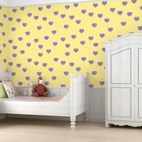 bunte Tapeten für Kinderzimmer weiß schrank gelb lila herzen