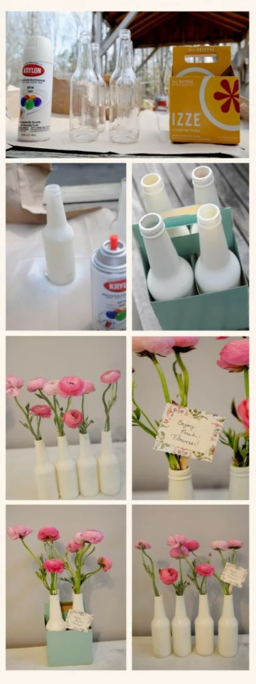 basteln mit glasflaschen weiße vasen