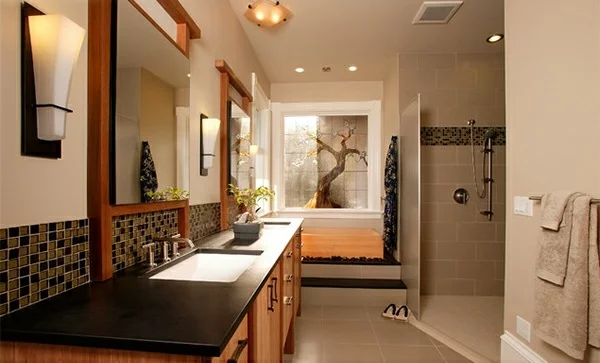 Badezimmer aus Asien badewanne baum bonsai tücher