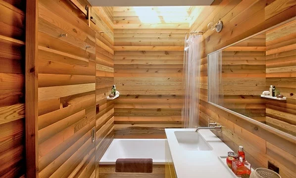 Badezimmer aus Asien badewanne holz platten dusch vorhang