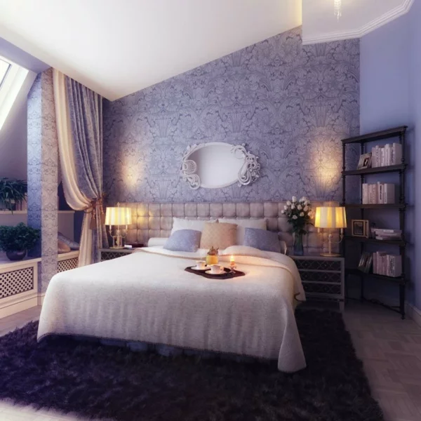 Das Schlafzimmer komplett gestalten lila wand gardinen kissen kerzen