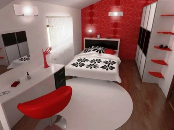 Das Schlafzimmer komplett gestalten rot wand regale sessel