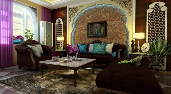 Pfauenfedern Deko im Wohnzimmer sofas braun samt farben