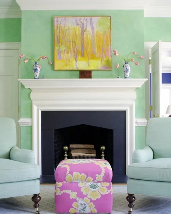 Wandfarben fürs Wohnzimmer feminine mintgrün rosa hocker