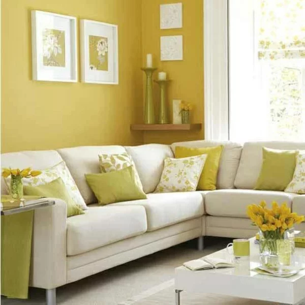 gelb grün kombiniert wohnzimmer sofa kissen schöne wandfarben wohnzimmer