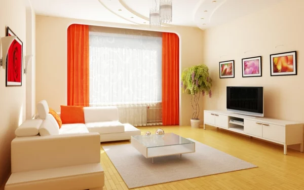 helle wohnzimmereinrichtung orange gardinen teppich schöne wandfarben wohnzimmer
