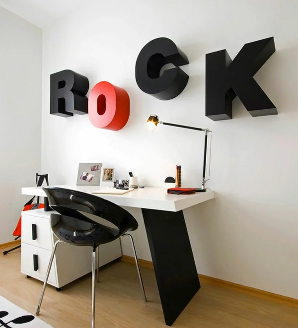 kreative wandgestaltung arbeitszimmer lernecke 3d buchstaben typografie