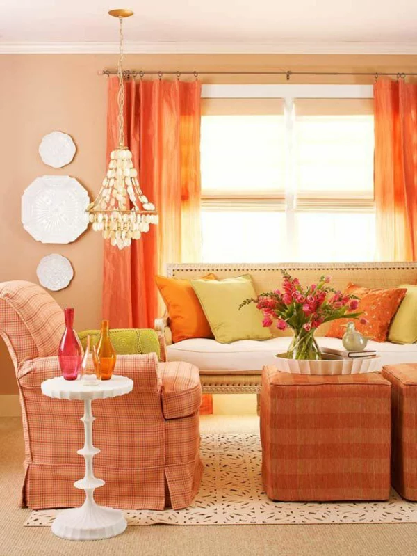 orange grell gardinen gemustert bezüge möbel wandfarben wohnzimmer