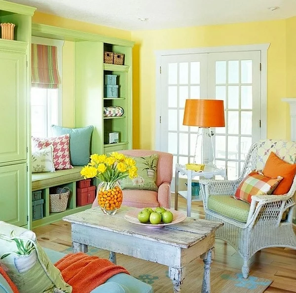 rustikal vintage wohnzimmer einrichtung farbenfroh wandfarben wohnzimmer