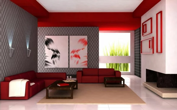 tapeten grau figural rauten pop art rot sofas schöne wandfarben wohnzimmer
