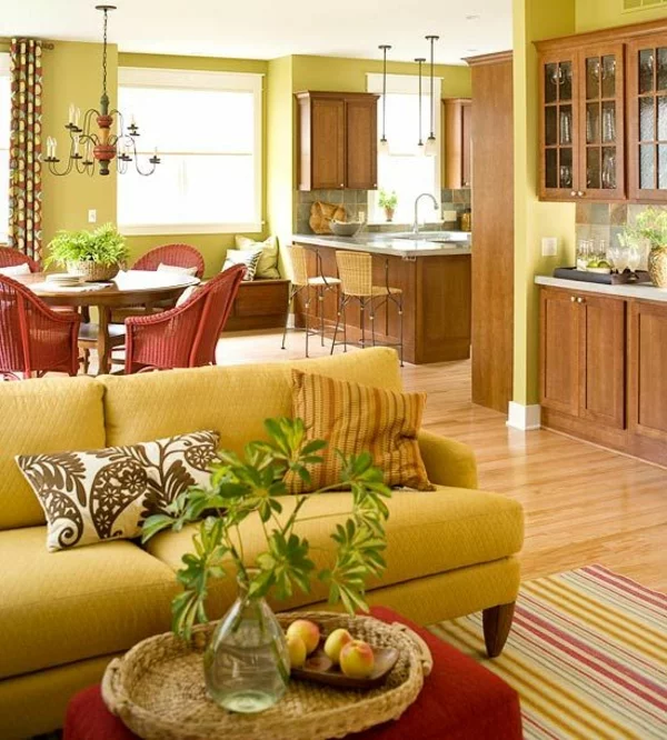 wohnraum esszimmer gelb traditionell teppich