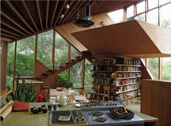 moderne interior ideen wohnzimmer bücherregal treppe 