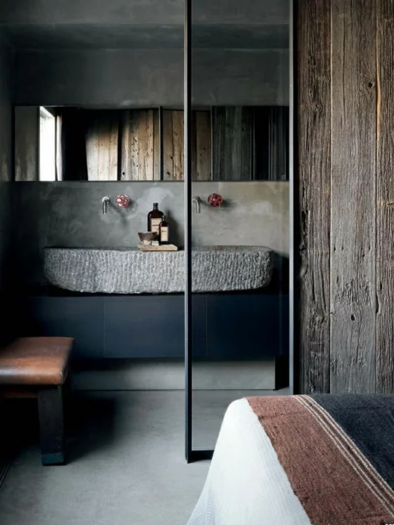 rustikal holz stein waschbecken glastür badezimmer badmöbel