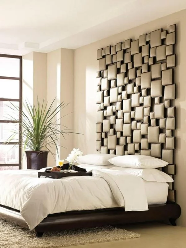 schlafzimmer design mit originellem kopfteil pflanzen