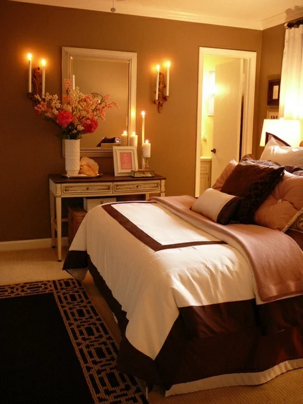 schlafzimmer einrichtungsideen braune farben bett kerzen