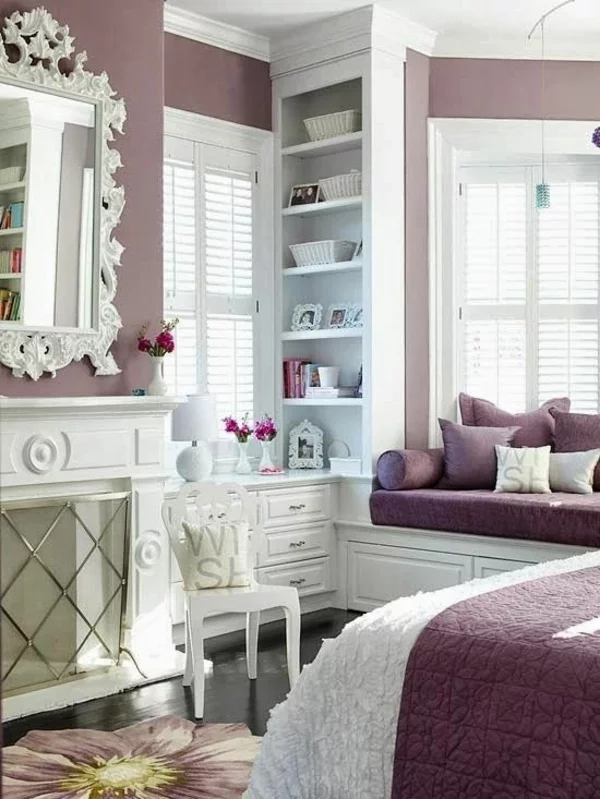 schlafzimmer luxuriös gestalten schöne wandfarben einbauregal 