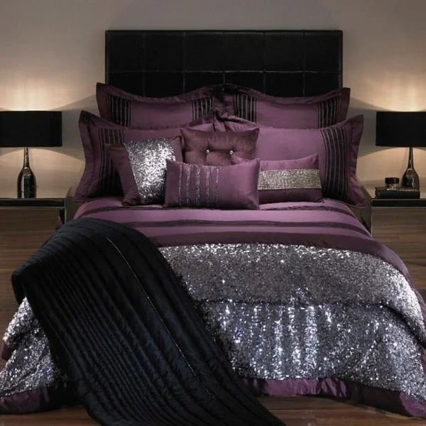 schlafzimmergestaltung ideen mit lila schwarz silber