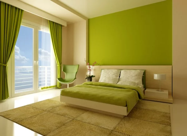 schlafzimmer wand gestalten farben bett grüntöne