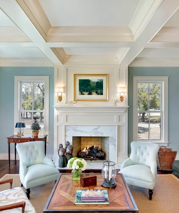 farbgestaltung wohnzimmer ideen wandfarbe taubenblau
