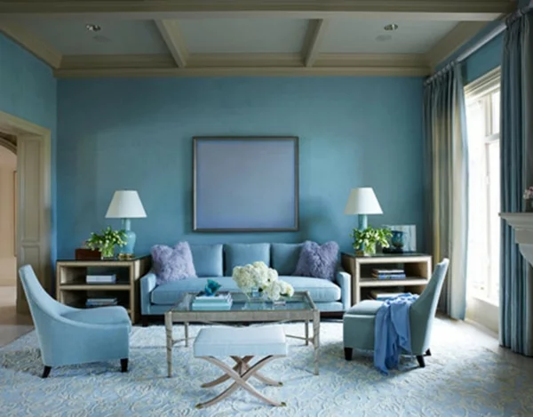 wandfarbe taubenblau wohnzimmer wandgestaltung ideen