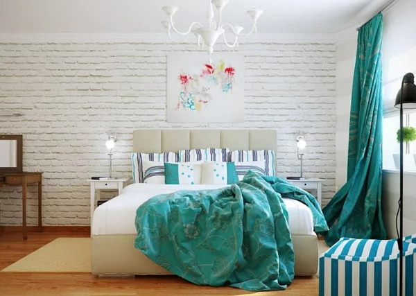 schlafzimmer innendesign modern türkis 