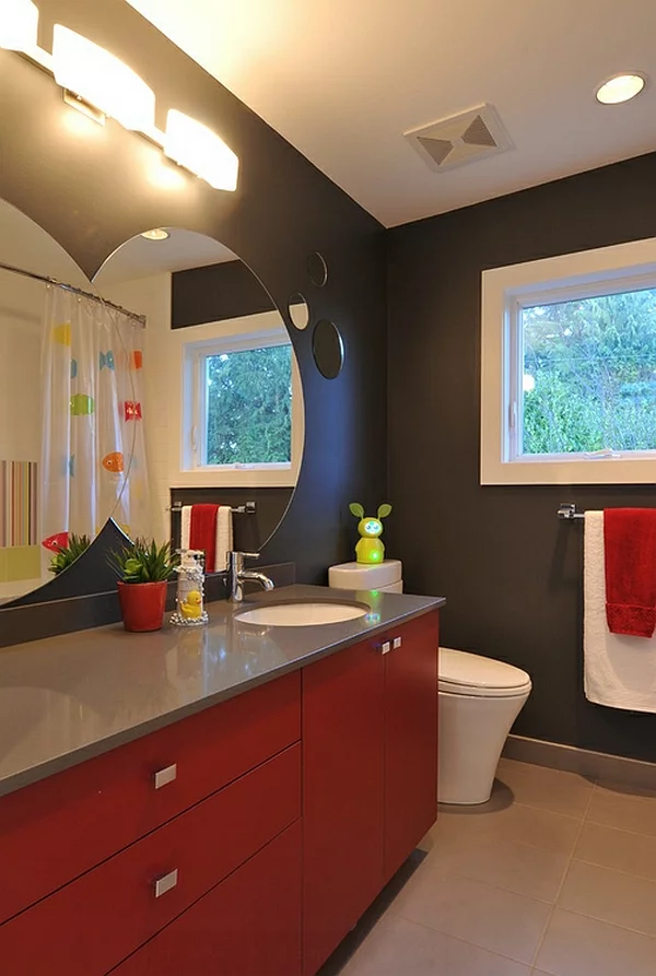 wohnideen badezimmer modern roter waschschrank spiegel