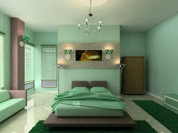 wandfarbe mintgrün schlafzimmer wände streichen bett bettwäsche wandleuchten