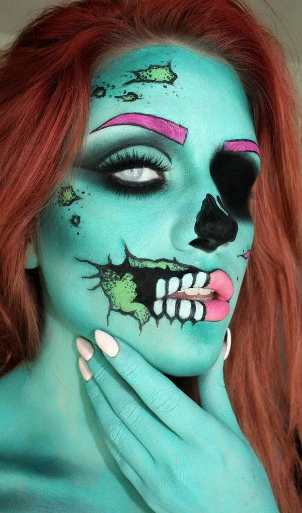 halloween schminken zombie gesicht schminke farbige ideen linsen