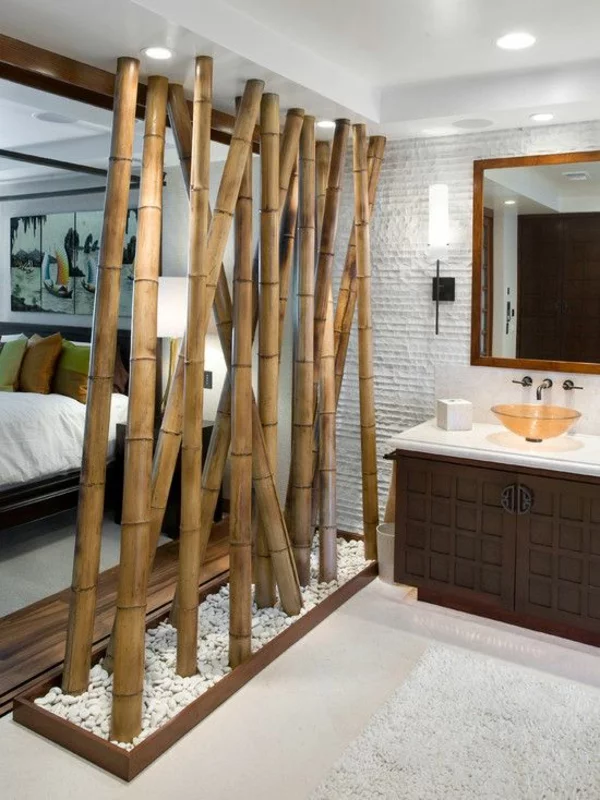 bambus badmöbel asiatischer stil trennwand schlafzimmer badezimmer kieselsteine