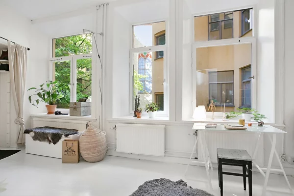 wohnung skandinavisch einrichten häusliches arbeitszimmer fenster natürliches licht