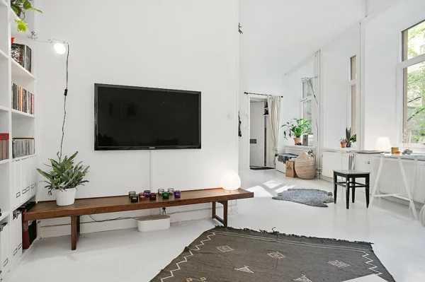 wohnung skandinavisches design offener wohnraum arbeitszimmer tv wohnwand