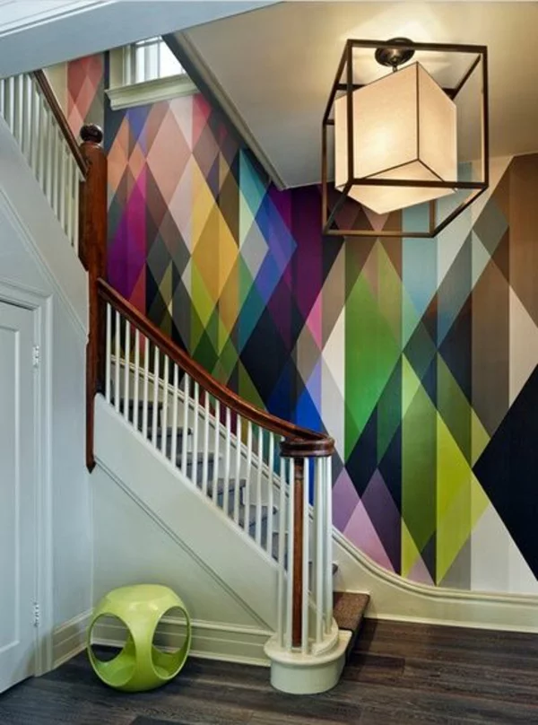 wohnzimmer wandgestaltung wandtapeten geometrisches muster farbideen