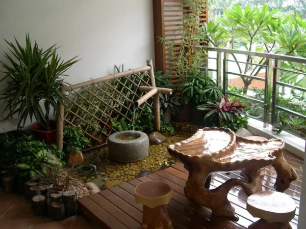 balkon bepflanzen yucca bambaus zen