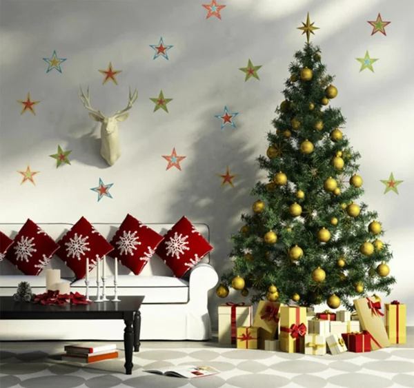 weihnachtsdekoration ideen schneekristallen kissen christbaum