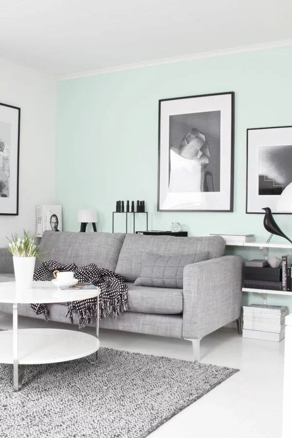 farbgestaltung wohnzimmer wandfarbe minzgrün wohnzimmer sofa grau