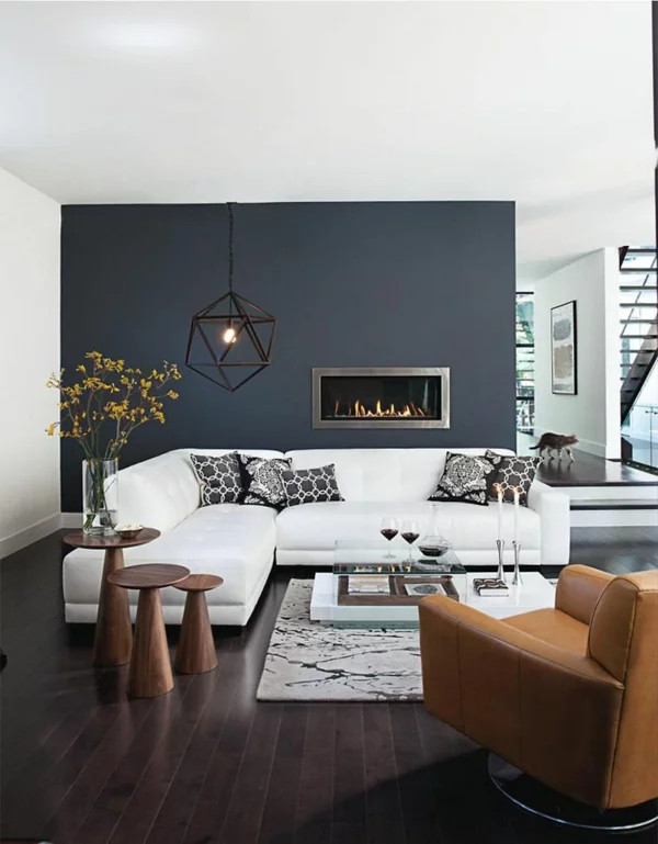 farbgestaltung wohnzimmer wandfarbe schwarz akzentwand