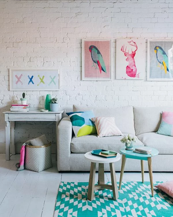 farbgestaltung wohnzimmer wandfarbe weiß ziegelwand wanddeko ideen
